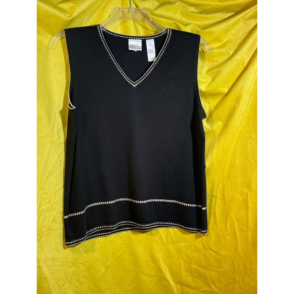 Villager Woman Liz Claiborne Black Knit Sweater Vest V-Neck Tan Trim NWT Size 1